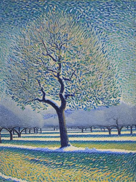 <lyco:PaulSignac:1.0> crystal apple tree, orchards, winter, Paul Signac