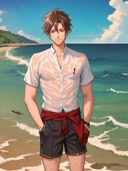 white shirt,sea,wet,short pants,yoshouxu,1male,masterpiece, best quality,   <lora:yushouxu:0.9:>