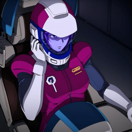 masterpiece,high quality,solo,
<lora:maridacruz001:0.7>,
maridacruz,1girl,
purple helmet,
purple pilot suit,
grey gloves,
cockpit,