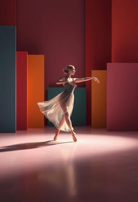 A dancer moves across a stage of perfectly arranged color blocks, and their graceful motions reveal a secret face hidden within the shifting composition., ethereal glowing light, dynamic sculptural figures, expressive movement, cinematic color palette, dreamlike atmosphere, classical realism with soft surrealism, intimate and emotional storytelling, fluid organic compositions, sculpted yet fleeting moments, frozen energy