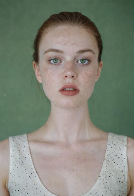 Retro film photo  in great natural lighting, low contrast and subdued. Film distortion and flaws, grainy blur in spots. A beautiful young woman with green eyes and Italian heritage vaguely resembling Tyler, Liv. Pale skin, the lightest freckles, hair pulled back into a tight ponytail. Full cheeks, rounded chin. 
She displays her body, coyly but suggestively, her soft breasts and fit body enticing. 
 inviting intimacy, thin wrists, slender waist, length legs, pubic mound. And thigh gap.  She is aching to make love but is also coy and hesitant, lacking self esteem. 
She looks tired and Strung out, but she is also achingly aroused and super turned on. Sensual passion, achingly horny.  White studio and pale.