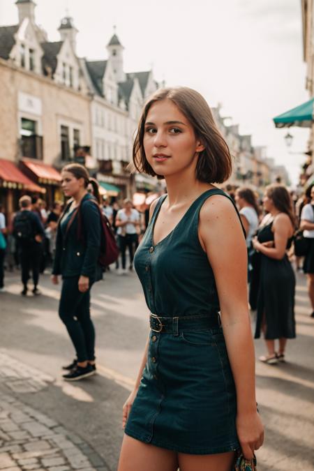 <lora:Tunde:0.8> full color portrait of a young woman, wearing a summer dress, in a crowded street, natural light, RAW photo, subject, 8k uhd, dslr, soft lighting, high quality, film grain, Fujifilm XT3, Nikon D850