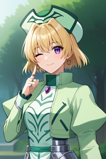 shamal, short hair, blonde hair, purple eyes, earings  jewlery, ring, gem, green nursing cap, armored dress, armor, light green jacket, white dress, long sleeves, layered dress