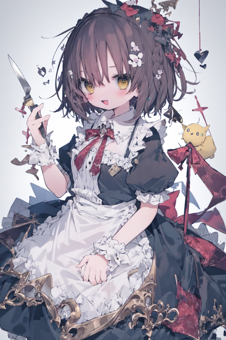 best quality, masterpiece, extremely detailed, detailed background, best quality, masterpiece, extremely detailed, detailed background, 1girl, solo, short sleeves, hair ornament, apron, dress, hairband, sign, looking at viewer, hair flower, flower, wrist cuffs, bangs, frills, holding, white shirt, open mouth, yellow eyes, short hair, shirt, grey background, hair between eyes, bow, black bow, bird, ribbon, brown hair, knife, brown eyes, smile, blush, puffy short sleeves, white apron