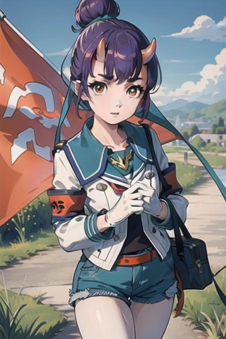 <lora:Fiona_xenoblade_3:0.8> Fiona \(xenoblade\), 1girl, bangs, brown_eyes, eyebrows_visible_through_hair, purple hair, red horns, oni horns, hair bun, blue hair ribbon, jacket, sailor uniform, white  gloves, long_sleeves, armband, mitsudomoe(shape), waving flag, waist shot,, best quality, highly detailed, masterpiece, ( bad_prompt_version2:0.6), best quality, highres, 4k, ultra-detailed, beautiful detailed face, beautiful detailed eyes