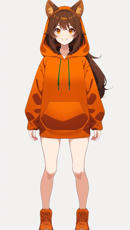 vtubermodel of 1girl , dark brown hair ,orange eyes , (green hoodie:1.2), fulffy weasel ears , high quality , extra detailed , rendered, white background, full body, smiling, semi realism <lora:VtuberMaker:0.8>