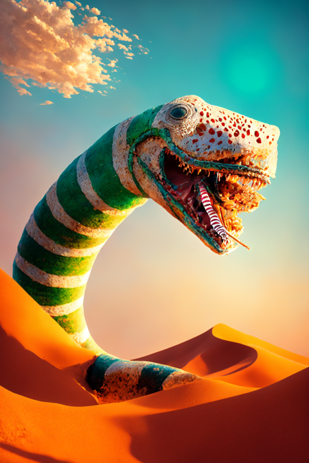 <lora:beetlejuiceSandy:.75> (masterpiece, best illustration),  sammie sandworm, snake, (no humans),open mouth, tongue, teeth, dust, in the Sahara desert, rim lighting, side lighting, (best anatomy), (best illustration), (beetlejuice), kawaii, (dynamic angle),pov