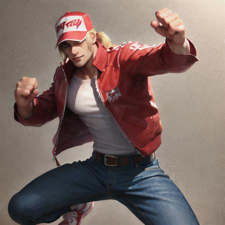 masterpiece, highquality, handsome face, TerryBogard, <lora:terryBKOF_1:1> (blonde ponytail), jacket, t-shirt, jeans, (red trucker cap), red sneaker, fighting pose<hypernet:samdoesartsHypernetwork_v422500Steps:0.058>