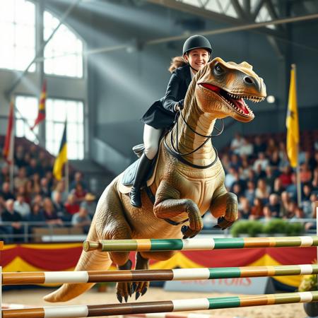 Create a realistic photo of  girl in a riding suit competing in a show jumping competition. Instead of a horse, she will be riding a friendly dinosaur, who is jumping a fence. The atmosphere should convey the spirit of a sporting competition: many spectators, bright flags, judges in the stands. The girl’s face should show determination and joy, and the dinosaur should look strong and graceful. Include details that highlight the uniqueness of the scene, such as specialized riding accessories and arena decoration that creates the feeling of an exciting and unusual competition.