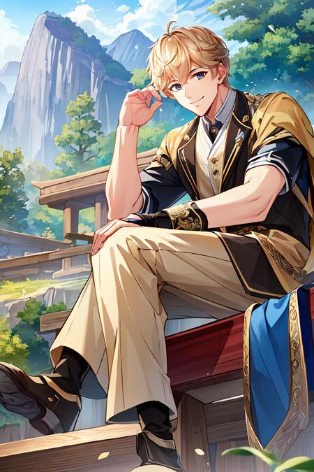 ((high_quality, distinct_image)), masterpiece, extremely_detailed_CG, illustration, 1boy, solo focus, looking at viewer, handsome, beautiful_detailed_hair,  male, zhouqiluo, full_body,  outdoor, smile, toned