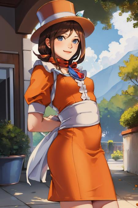 (masterpiece, best quality:1.2), solo, 1girl, trucy wright, smile, looking at viewer, arms behind back, tresbien, orange dress, scarf <lora:aa_trucywright:0.8> <lora:attire_aa_waitress:1.0>