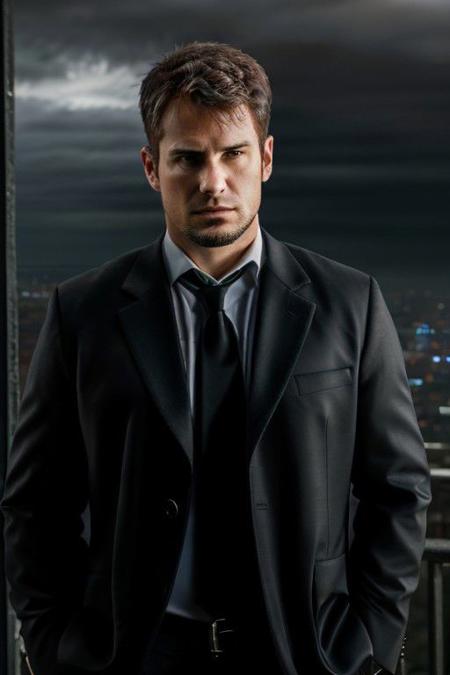 professional photo, closeup portrait photo of man, detective, wearing formal attire, serious face, dramatic lighting, nature, gloomy, cloudy weather, fog, bokeh