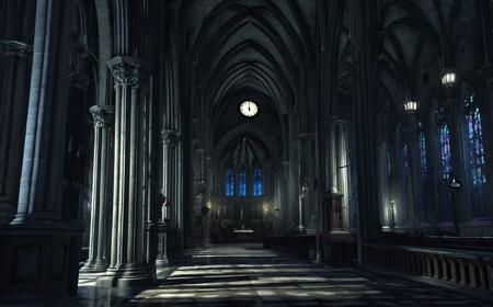 (masterpiece, best quality, ultra-detailed,newest, very aesthetic), a low saturation impasto of dark fantasy style gothic church with long corridor all moonlights column from the window has clock at night,ray tracing,wide_shot,8K,<lora:detailed_notrigger:1>,
