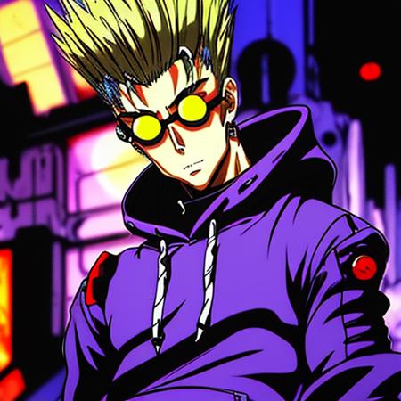 Trigun anime chibi character <lora:Trigun:1>, (weared hoody:1.3), with glasses, in neon town cyberpunk, atompunkstylesd15