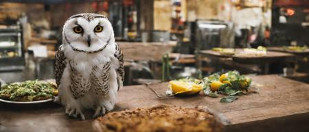 classicnegative photo of a cute snow owl on a table in a pizzeria, haze, halation, bloom, dramatic atmosphere, centred, rule of thirds