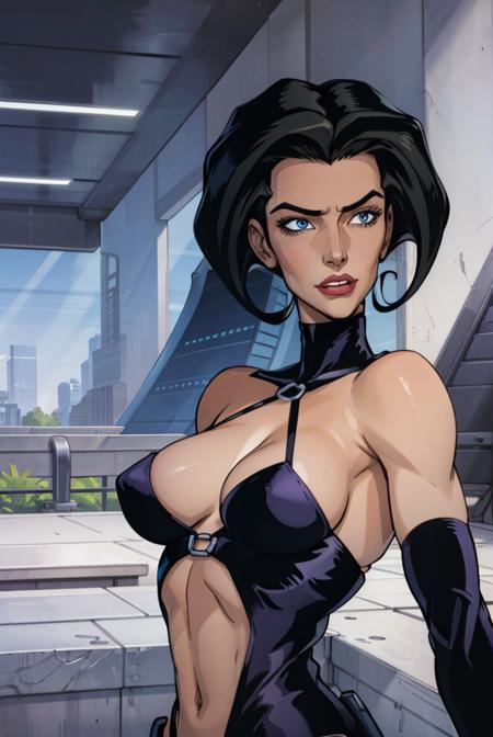 aeon flux, black hair, blue eyes, half body, interior, futuristic city, <lora:Aeon_Flux_Style-09:.65>