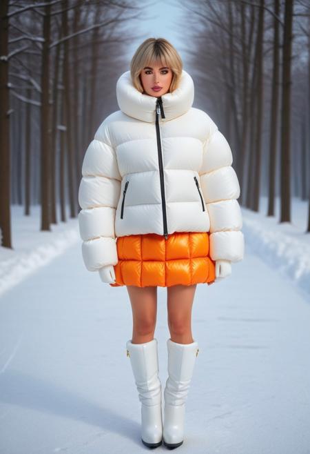 Thick down padded jacket, Thick puffer padded jacket, very cold, winter, snow, snowing, lumine (genshin impact), half-realistic, short hair, short hair with long locks, blonde hair, bangs, sidelocks, hair between eyes, yellow eyes/orange eyes, white gloves, fingerless gloves, thigh boots, white footwear, high heel boots, pressure cuffs, pressure collar, Thick padded cuffs, Thick padded collar, <lora:Collar-SDXL:0.6>, <lora:Cuffs-SDXL:0.6>, <lora:Puffer_Jacket_and_Down_Jacket_-_Extra_Puffy_Jackets:0.6>, <lora:puffer_skirt_v1:0.6>