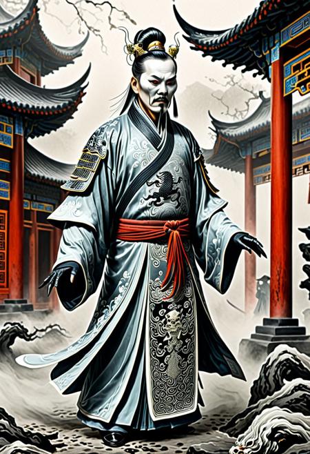 A stylized Ultra-realistic Historical illustration of a terrifying Jiangshi, an undead creature from Chinese folklore, reimagined as an iconic and relentless hunter. The Jiangshi stands tall with a rigid posture, clothed in intricately patterned, tattered, and weathered Qing Dynasty garments with subtle, eerie glow accents. Its pale, ashen gray skin has dark energy veins visibly coursing beneath, with hints of bone peeking through. The hauntingly expressionless face features hollow, glowing eyes with an otherworldly light, long, sharp, blackened claws, and cracked nails. Subtle, supernatural mist aura surrounds it, adding to its menacing presence. Dimly lit, urban background shrouded in dark shadows and fog, evoking intense fear and suspense.