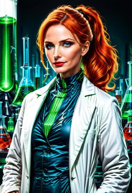 Necron, electricity, green glow, green theme, (red:1.6), (close up:1.6), Stable_Yogis_PDXL_Positives, (Victorian blouse), Realism_Quality_2xx_By_Stable_Yogi, (anatomically correct:1.6), photo, photo_realistic, 1girl, mature_woman, European, 27 years old, parted_lips, choker, seductive smile, sultry, serious stare, stern look, close-up, eye shadow, makeup, milf, mature female, pureerosface_v1, Expressiveh, intricate_details_xl, natural skin, realistic, hands out of view, red lipstick, makeup, long ponytail, streaked hair, Orange hair, black streaks in her hair, long side bangs, black highlights in bangs, thick lips, mega ponytail, big hair, tall, natural blue eyes, high neck closure, fitness body, toned muscles, high cheekbones, solo, (fully dressed:2), high turtle neck, outdoors, (hands hidden:1.7), short sleeves, closed dress, high neck closure, gentle smile, closed mouth, short puffy sleeves, (laboratory:2), big fluffy hair in all directions, add-detail-xl, luna_flex_v4_sdxl_3500_lora_f32, (white lab coat:2), (hurut:2.9).