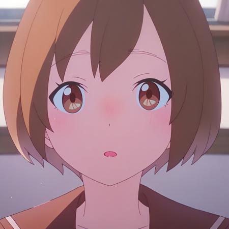 mah1ru, 1girl, solo, looking at viewer, blush, smile, short hair, brown hair, long sleeves, closed mouth, brown eyes, standing, outfit_2, brown serafuku, school uniform, upper body, medium shot,arms at sides, white background