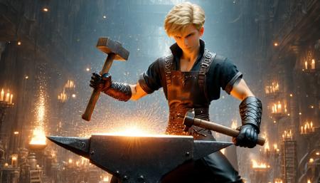 Photograph of  disney animation, blacksmith cute boy forges armour,  working in a huge forge. in paw big fantasy (hammer:1.6), Dressed in (leather trousers:1.3) and (blacksmith's apron:1.3), thick black leather gloves, heated iron laid on magical (an anvil:1.9). short blonde hair, Lots of sparks, hot
, looking at viewer, short hair, (masterpiece), (best quality:1.2), intricate details, (highly detailed skin:1.2),
intricate details, 8k post production, high resolution, hyper detailed, trending on artstation, sharp focus, studio photo, intricate details, highly detailed,  , captured on a (Hasselblad X1D II 50C)