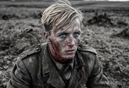 1 man, world war 2 soldier on the Eastern Front, (dying), (explosions), face in shadows, vivid colors, black and white, bright blue eyes, bloody face, bleeding out, exhausted, German Soldier, blonde hair, 1940s haircut, muddy field, bleak landscape, last moments, <lora:Desolation:1.1>