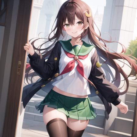 (masterpiece, best quality:1.2),illustration,8k,hd,1girl,solo,upper body,(portrait:1.2),very long hair,brown hair,serafuku,smile,crescent pin,blush,pleated skirt,black thighhighs,red neckerchief,green skirt,brown eyes,long sleeves,hair between eyes,green sailor collar,long sleeves,<lora:Kisaragi(kan):0.7>,