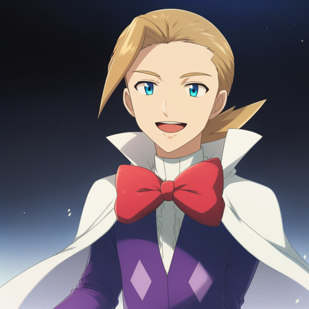 1boy, blonde hair, blue eyes, white cape, red bowtie, center frills, white gloves, purple shirt, long sleeves, 