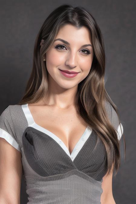 frivvifox, official identification photo of a young woman in a (elegant detailed white tight secretary shirt :1.5), (cleavage:1.5), (professional photo , studio lighting, hard light, sony a7, 50 mm, (hyperrealistic), big depth of field, mate skin, pores, colors, hyperdetailed, best quality, photorealistic, 8k, high res, best quality), 1girl, (portrait),  (dark grey photostudio background:1.4) , looking at viewer, (eye contact:1.4), piercing eyes, happy, smirk, smile, intricate