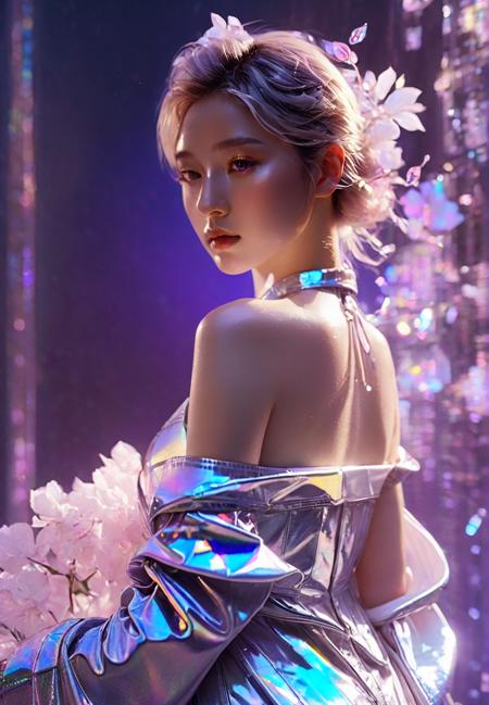 cinematic photo official art,unity 8k wallpaper,ultra detailed,aesthetic,masterpiece,best quality,photorealistic,entangle,(purple rose:1.3),tangle,entangle,(1girl:1.3),chinese woman,(full body:1.4),Glowing eyes,tears,Golden eyeshadows,ecstasy of flower,dynamic angle,(the most beautiful form of chaos:1.2),elegant,Gradient colours,(romanticism:1.1),film,professional,skin detail realistic,Shimmering Crysta,looking at viewer,profile,(holographic:1.2),<lora:holographic1_10xl-10:0.8>,(transparent raincoat:1.2),holographic,a woman in a dress with a futuristic design on it's chest and arms,holographic fabric,solo,1 girl,translucent glass,holographic structure,glowing,clear glass,dress,big breasts,cleavage,slender,(flower sea:1.4),(the petals are flying around the girl:1.5),white hair,curly hair,(long hair:1.1),(pony-tail:0.9),