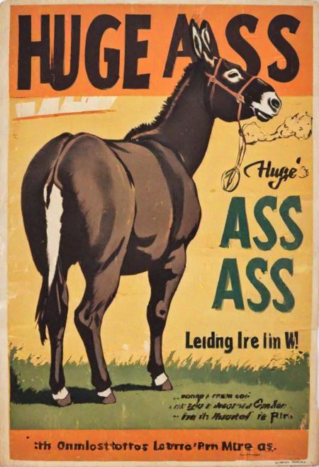 Simplistic poster of a big donkey, VintageMagStyle, title reading ("HUGE ASS":1.4)