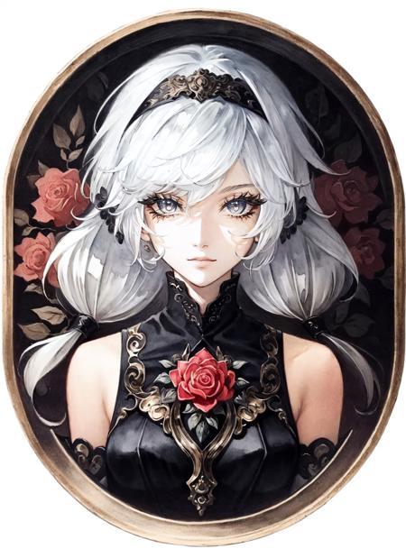 masterpiece, best quality, extremely detailed, watercolor, masterpiece, best quality, extremely detailed, 1girl, (portrait:1.5), beautiful detailed eyes, full body, beautiful detailed face, black hair, (Botanical illustration:1.5), white dress, 1990s (style), (limited palette:1.2), double braid hair, wave hair, long hair, (close eyes:0.9) Face, masterpiece, best quality, CG, wallpaper, HDR, high quality, high-definition, extremely detailed, ((1girl))ï¼white hair, cute face, legs up.wrist cuffs, Detached Sleeves, (Hair Flower:1.05), ((floating hair))Shoulder, Low Twintails, (Red Gradient eyes:1.16), (red rose hair accessories:1.05), modern Gothic long skirts, (beautiful detailed eyes), eye shadow