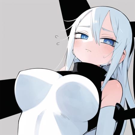 1girl, flat colored, detailed eyes, big breast, slender, w arms, sweat drops, smug, looking_at_viewer, , simple background, peace sign , abtm, ;b,