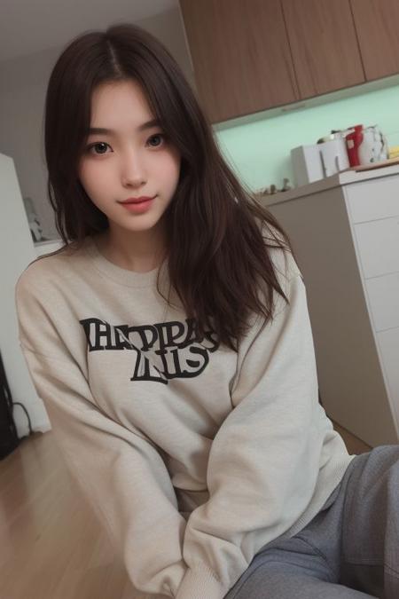 29 yo girl, Korean beauty, brunette, close-up, girl next door, baggy clothes, night, interior,