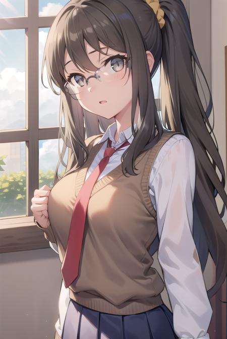 riofutaba, <lora:riofutabatest:1>,
rio futaba, black-framed eyewear, (brown eyes:1.5), glasses, grey hair, hair between eyes, over-rim eyewear, semi-rimless eyewear, long hair, sidelocks, ponytail, scrunchie, hair scrunchie, yellow scrunchie,
BREAK blue skirt, collared shirt, long sleeves, miniskirt, necktie, pleated skirt, red necktie, school uniform, shirt, skirt, undershirt, white shirt, short sleeves, sweater, brown sweater, short sleeves,
BREAK looking at viewer,
BREAK indoors, classroom,
BREAK <lora:GoodHands-vanilla:1>, (masterpiece:1.2), best quality, high resolution, unity 8k wallpaper, (illustration:0.8), (beautiful detailed eyes:1.6), extremely detailed face, perfect lighting, extremely detailed CG, (perfect hands, perfect anatomy),