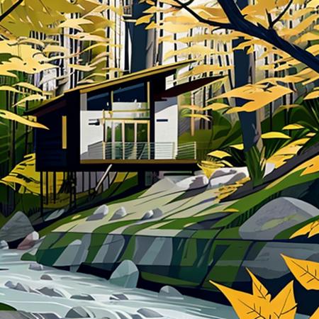 <lora:illustratearchitecture:0.8>,a painting of a house with a walkway beside of a river in the woods (yellow leaf),Ultra hd! surrealistic, 8k,winter with snow