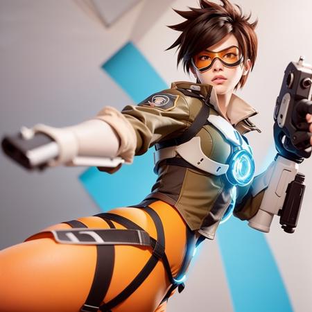 masterpiece, best quality,tracer (overwatch),1girl, solo, face,brown hair, orange bodysuit,weapon, dual wielding, gun, bodysuit, short hair, ass, brown eyes, holding, kbxll