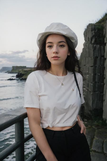 (closeup) Portrait of pretty young (18-year-old) pale milky white skin Caucasian (futuranaomi4300v5) ((Lean against a railing, one foot propped up, exuding grace.:1.07)), (flat chest:1.15), outdoor, BREAK (ginger Twisted Ponytail: A sleek and twisted ponytail that adds a modern and sophisticated twist to a classic style.), no makeup, long dainty necklace, (((SFW, elegant, classy:1.3) hat, big tshirt, Mint green button-up blouse with wide-leg cropped trousers.)) , <lora:epi_noiseoffset2:1> BREAK (magazine cover:1.10), BREAK (masterpiece, extremely detailed skin, photorealistic, heavy shadow, dramatic and cinematic lighting, key light, fill light), sharp focus, BREAK location is (outdoor Giant's Causeway, Northern Ireland:1.25), <lora:InstantPhotoX3:0.7>