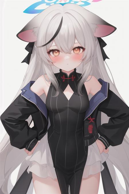 best quality, masterpiece, highres, solo, {chunyuan:1.15}, long_hair, animal_ears, black_hair, grey_hair, multicolored_hair, halo, streaked_hair, blush, bangs, breasts, small_breasts, brown_eyes, very_long_hair, striped, vertical_stripes, hair_between_eyes, 1girl, black_dress, dress, jacket, looking_at_viewer, pout, simple_background, striped_dress, black_jacket, vertical-striped_dress, white_background, hands_on_hips, sidelocks