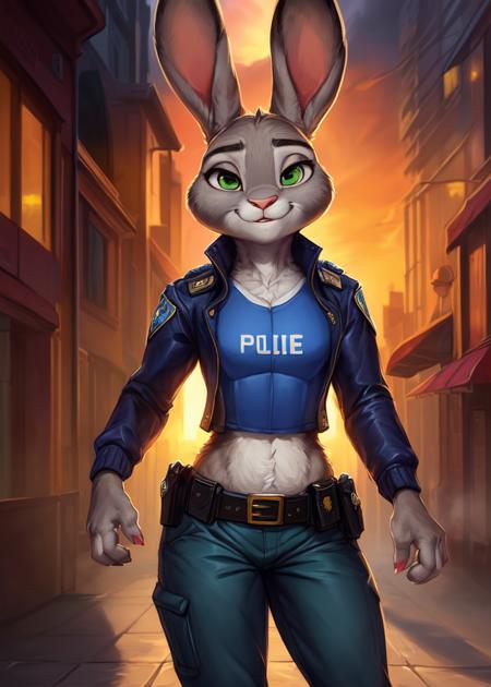 uploaded on e621, ((by Ksaiden, by Tzarvolver, by Snowskau, by Raptoral, by Foxovh)),
solo young female (((Judy Hopps))) with ((fluffy grey body)) and ((clear green eyes)), ((full-length portrait)), BREAK, ((((wear police uniform, jacket, pants, belt)))),
(detailed rabbit Judy Hopps), (detailed lighting), ((detailed fluffy fur)), BREAK,
((standing at city street on sunset and mist)), (cinematic lighting), ((detailed background)), ((depth of field)), 
((looking at viewer)), (((front view))), (half body shadow), ((sunlight)), ((blue lighting)),
[backlighting], [detailed ambient light], [gray natural lighting], [ambient light on the belly],
[realistic proportions], [explicit content, adult, nsfw], [sharp focus], (questionable content), (shaded), (hi res), ((masterpiece))