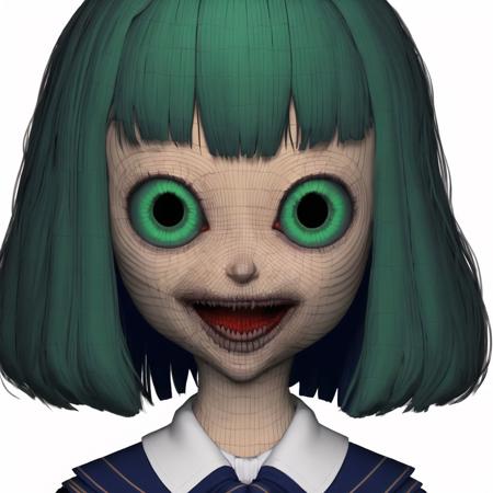 <lora:animewireframe:1.0>, animewireframe, 3d character model, computer-generated image, blender, 
<lora:gravemudart:1>, gravemudart, simple background, horror \(theme\), demon-like head, scary face, strange, creepy, 1girl, :d, bangs, beige sweater, blue sailor collar, breasts, fang, green eyes, large breasts, looking at viewer, medium breasts, neckerchief, open mouth, sailor collar, sidelocks, skin fang, sleeves past wrists, smile, solo, thick eyebrows, white background, white neckerchief