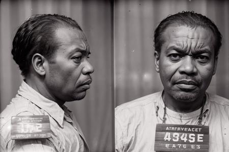 VintageMugshot, mugshot views of an angry african middle aged man <lora:Mugshot:1>