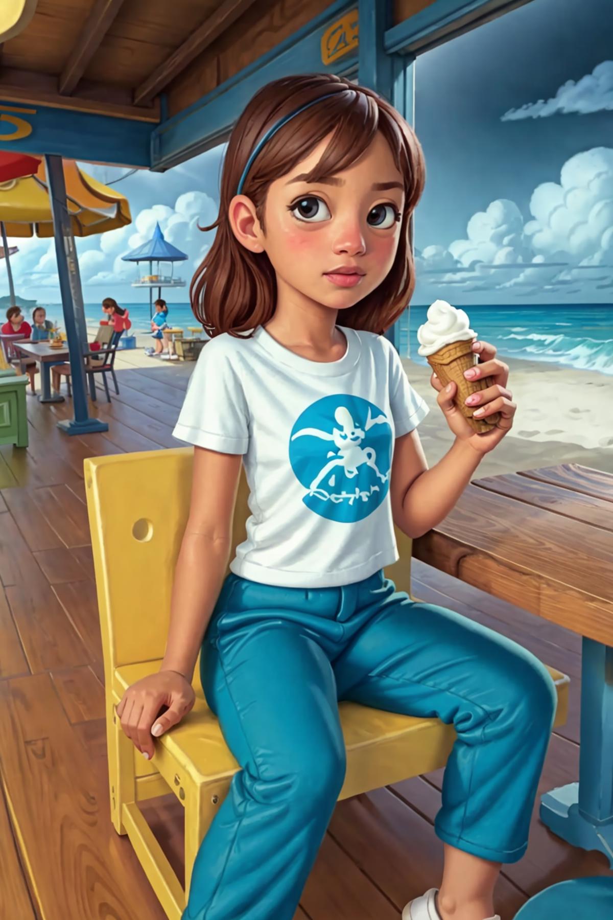 A young girl wearing a white shirt with a blue design is sitting on a yellow chair at a table. She is holding an ice cream cone in her hand. The scene appears to be set at a beach or a similar outdoor location.