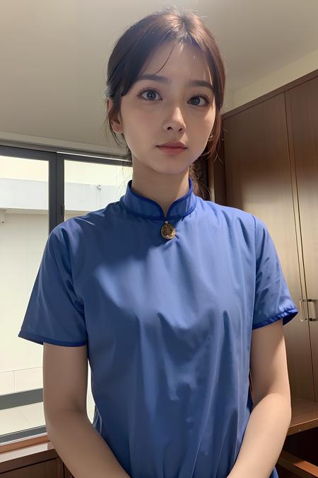 1woman, indoor, morning, (looking at viewer:1.5), masterpiece, best quality, HDR,UHD,8K, short sleeve, blue cheongsam, <lora:CheongsamV3:0.8>, 18yo, happy, solo, upper body,