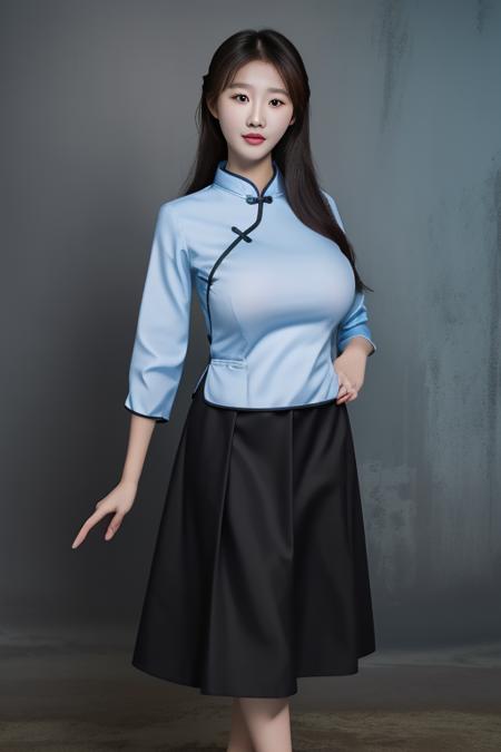 best quality, masterpiece,real,realistic, photo,photorealistic, looking at viewer,1girl, chuxia, huge breasts,
minguoxiaofu,school uniform, tangzhuang,shirt,skirt,
 <lora:minguoxiaofu_v2_03:0.8>