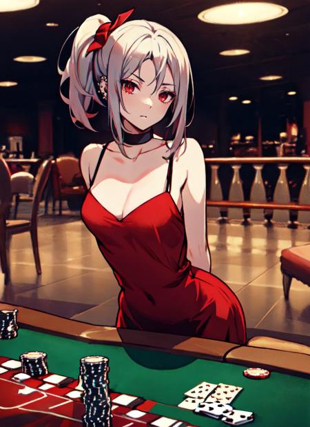 masterpiece, best quality, 1girl, fefe, short grey hair, red eyes, side ponytail, piercing, 
poker, poker table, poker chip, red dress, arms behind back, 
<lora:fefe-000008:0.85>