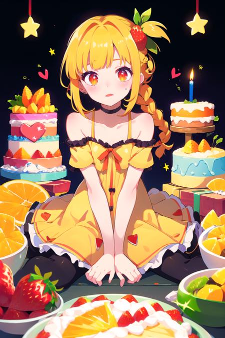 masterpiece,best quality,braid,1girl,solo,food,candle,fruit,orange (fruit),long hair,bow,black background,gift,orange theme,cake,hair bow,heart,orange eyes,orange slice,bottle,dress,star (symbol),braid,v arms,ribbon,strawberry,blonde hair,orange hair,bangs,blunt bangs,fire,bare shoulders,
<lora:Muse_DashV4-000390:1>,