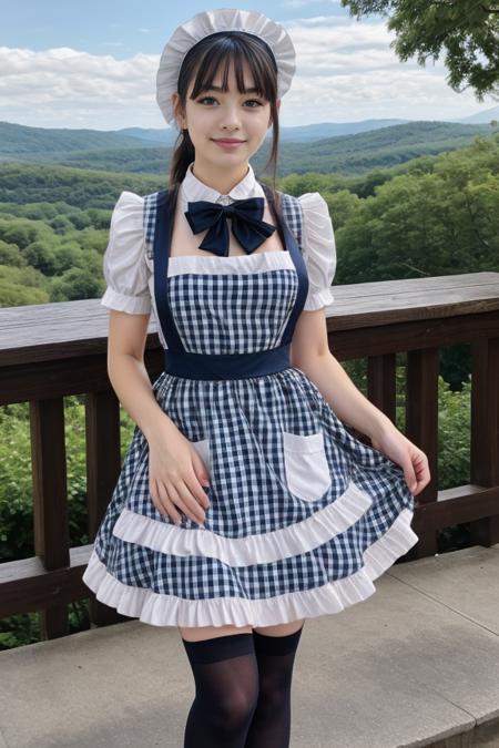 1 woman, detailed, realistic, standing, full body shot, scenic view
<lora:Maid Dress 2 By Stable Yogi:0.8> blue plaid maid dress, apron, thighhighs