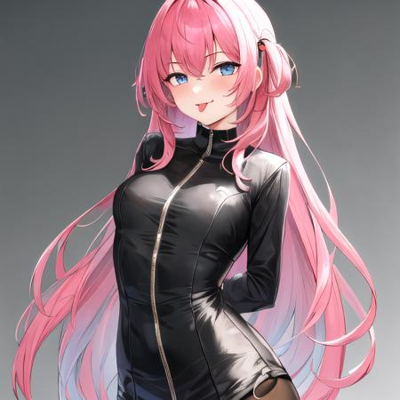 1 girl, best quality, shor hair, pink hair, tgout, tongue, tongue out,  hands behind back