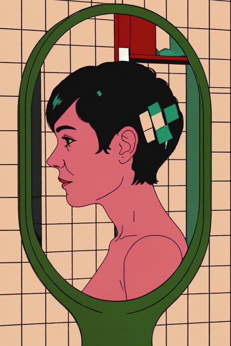 a woman is looking at herself in the mirror , 1girl, solo, smile, short hair, black hair, 1boy, holding, profile, shadow, reflection, mirror, flat color, tile wall, looking at mirror  ,   wake_up